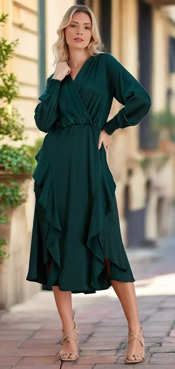 Double Slit Frill Midi Dress - Dark Green - By Jenerique