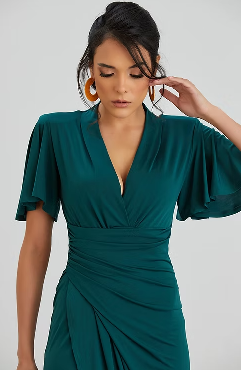 Angel Sleeve Wrap Style Dress - Dark Green- By Jenerique