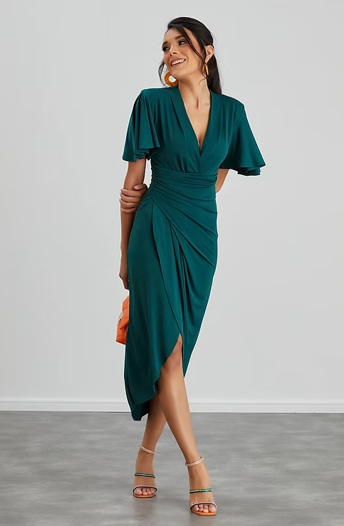Angel Sleeve Wrap Style Dress - Dark Green- By Jenerique