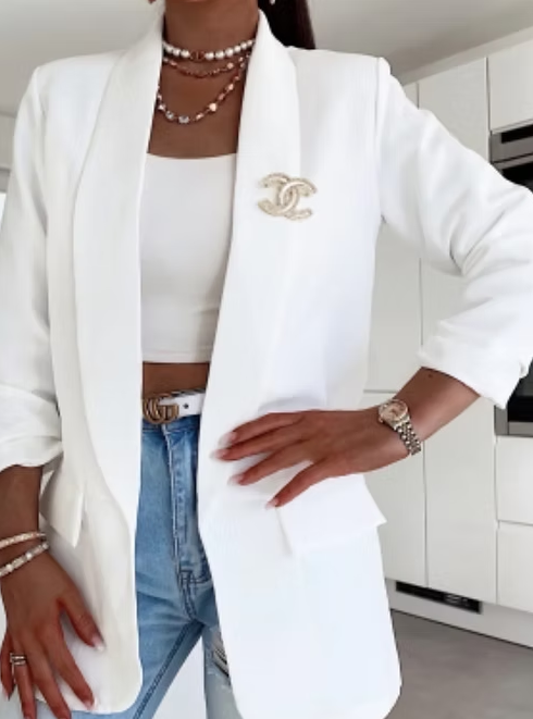 Tailored White Blazer with 3/4 Sleeves