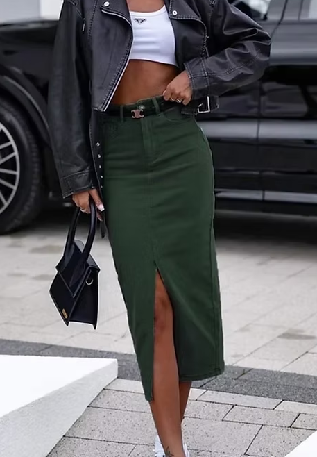 Khaki Denim Midaxi Skirt With Front Split
