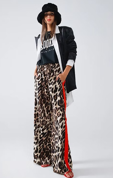 Leopard Wide Leg with Red Color Block Side Stripe