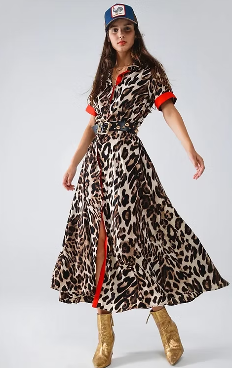 Leopard and Red Color Block Midaxi Dress