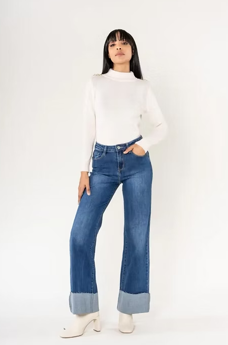 Flared Denims with Frayed Large Lapel-Washed Denim