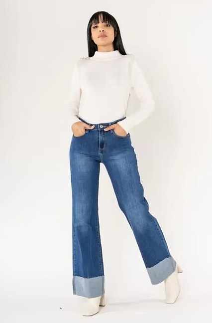 Flared Denims with Frayed Large Lapel-Washed Denim