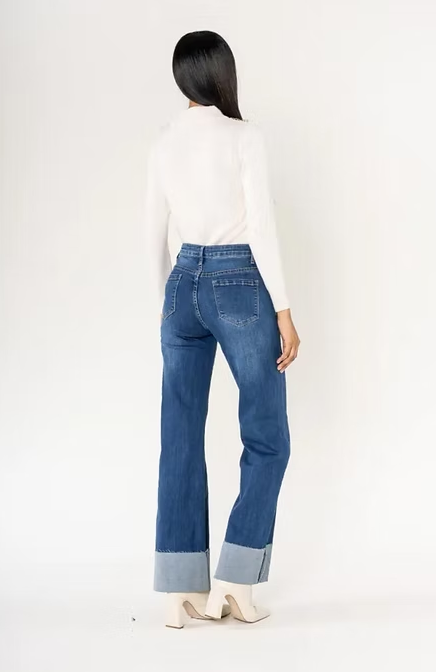 Flared Denims with Frayed Large Lapel-Washed Denim
