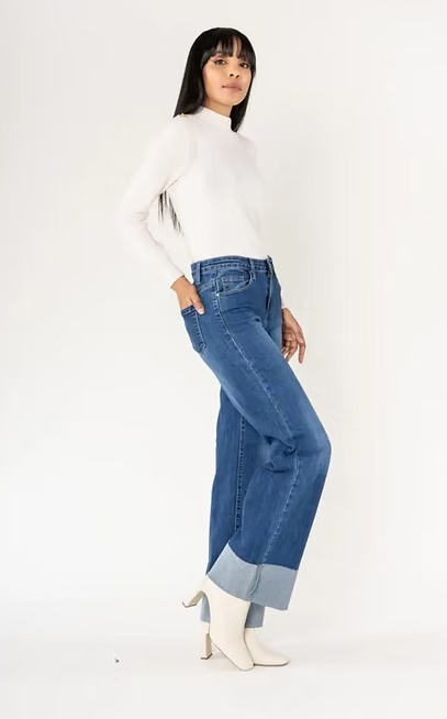 Flared Denims with Frayed Large Lapel-Washed Denim