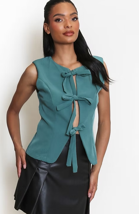 Tie Front Tailored Waistcoat - Teal