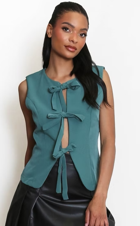 Tie Front Tailored Waistcoat - Teal