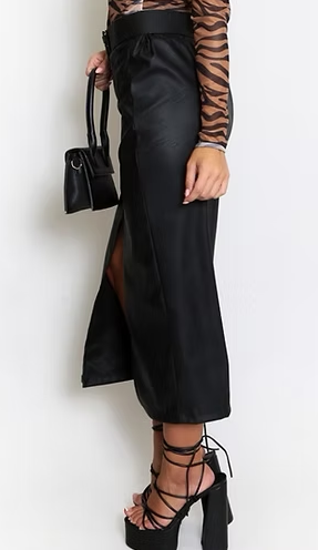 Faux Leather Belted Midi Skirt