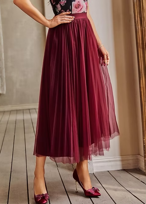 Double Layer Mesh Pleated Midi Skirt - Burgundy