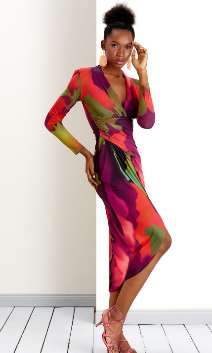 Long Sleeve Wrap Midi Dress in Tie-Dye Print - Fuchsia - By Jenerique