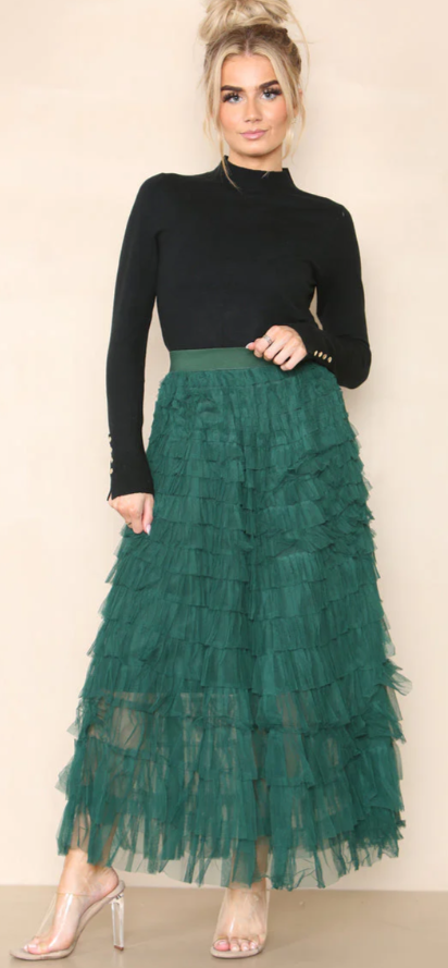 Green Tulle Frill Layered Mesh Skirt