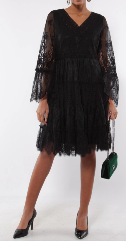 Black Lace V Neck Skater Dress