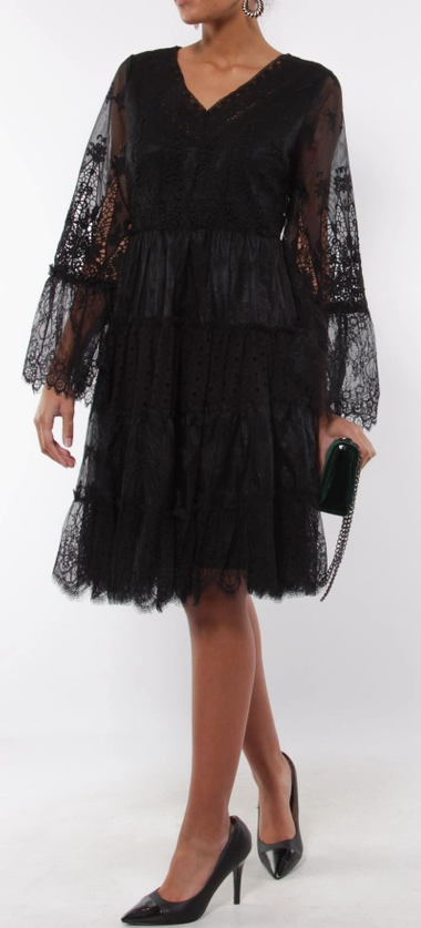 Black Lace V Neck Skater Dress