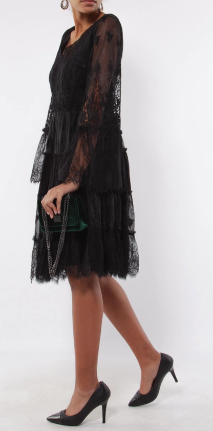 Black Lace V Neck Skater Dress