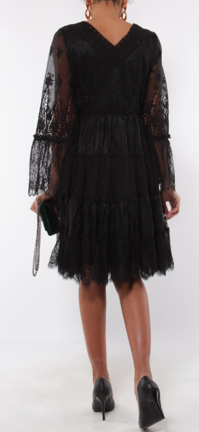Black Lace V Neck Skater Dress