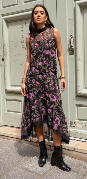 Floral Co Ord Lace Top and Asymetric Skirt Set