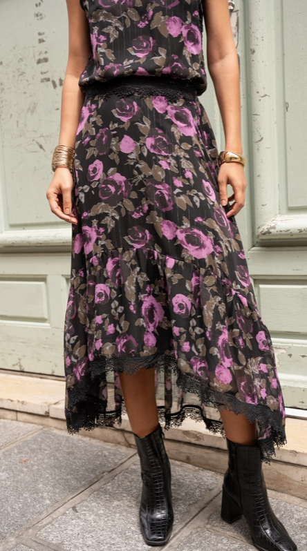 Floral Co Ord Lace Top and Asymetric Skirt Set