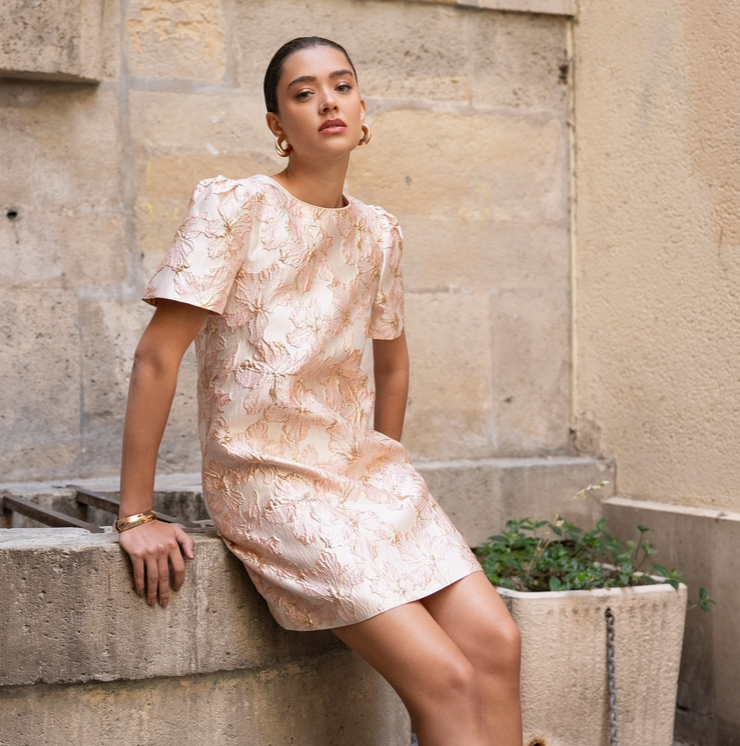 Pink Floral Jacquard Shift Dress