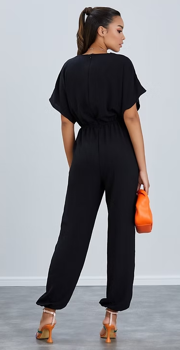 Batwing Sleeve Elasticated Waist Jumpsuit - Black - By Jenerique