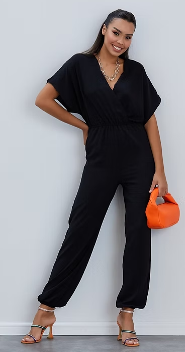 Batwing Sleeve Elasticated Waist Jumpsuit - Black - By Jenerique
