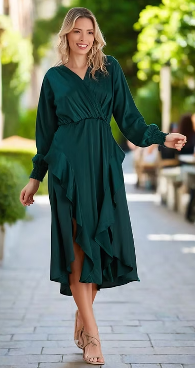 Double Slit Frill Midi Dress - Dark Green - By Jenerique