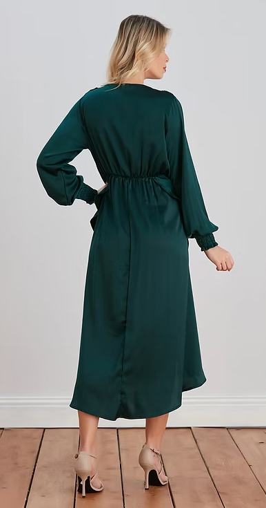 Double Slit Frill Midi Dress - Dark Green - By Jenerique