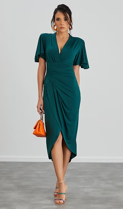 Angel Sleeve Wrap Style Dress - Dark Green- By Jenerique