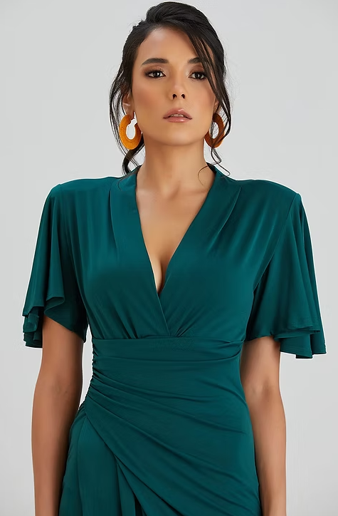 Angel Sleeve Wrap Style Dress - Dark Green- By Jenerique