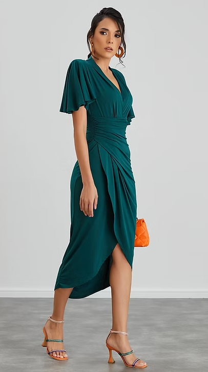 Angel Sleeve Wrap Style Dress - Dark Green- By Jenerique