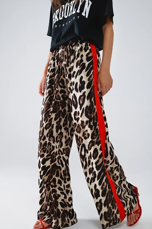 Leopard Wide Leg with Red Color Block Side Stripe