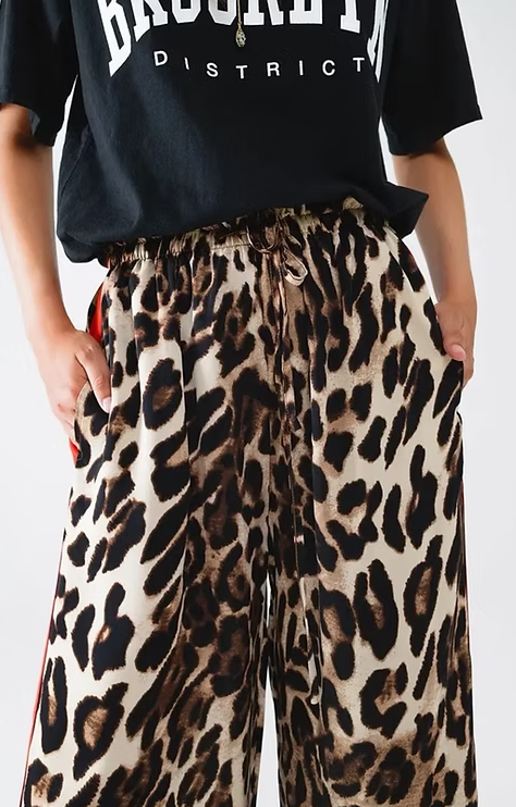 Leopard Wide Leg with Red Color Block Side Stripe