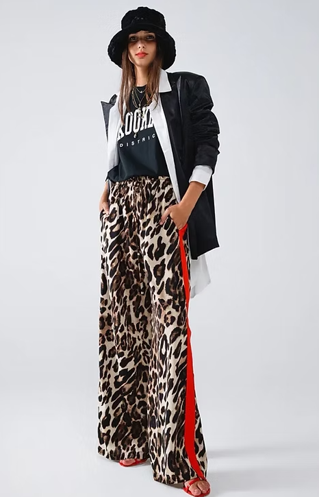 Leopard Wide Leg with Red Color Block Side Stripe