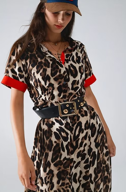 Leopard and Red Color Block Midaxi Dress