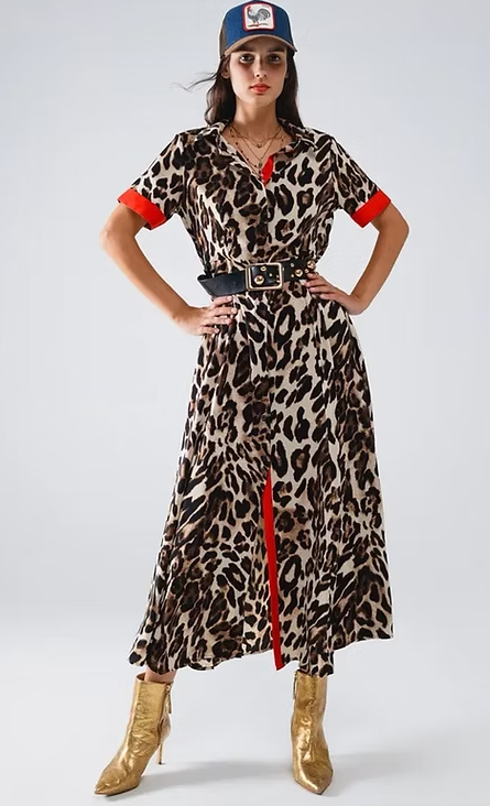 Leopard and Red Color Block Midaxi Dress