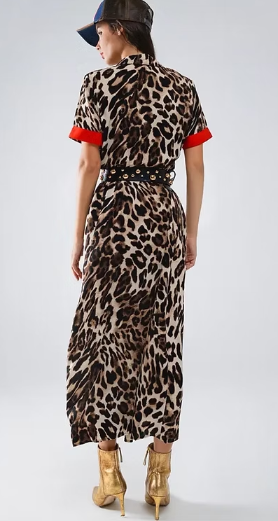 Leopard and Red Color Block Midaxi Dress