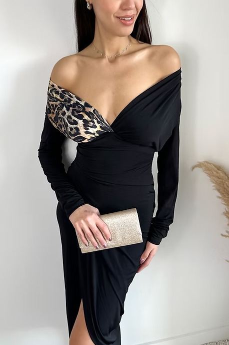 Leopard Black Colour Block Wrap Midi Dress