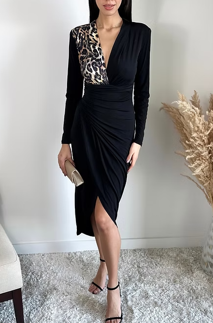 Leopard Black Colour Block Wrap Midi Dress