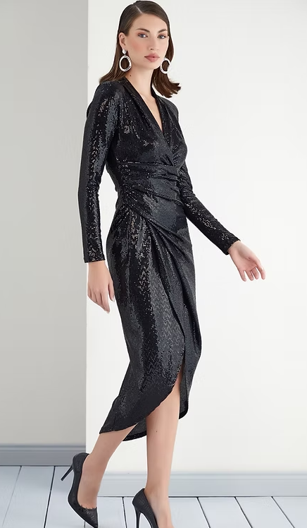 Sequin Long Sleeve Midi Dress with Drape detailing