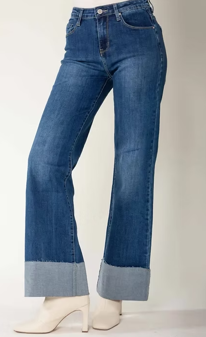 Flared Denims with Frayed Large Lapel-Washed Denim