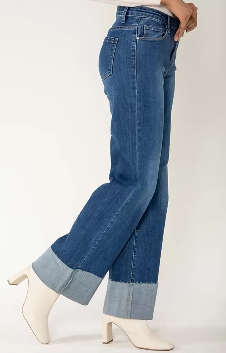 Flared Denims with Frayed Large Lapel-Washed Denim