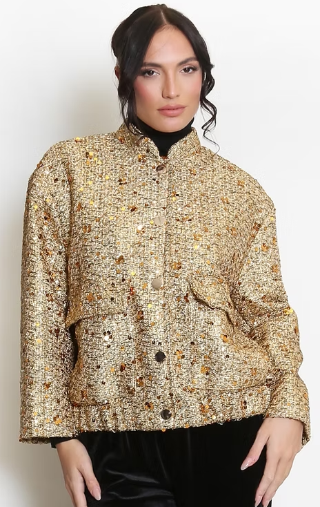 Woven Sequin Bomber Jacket - Gold