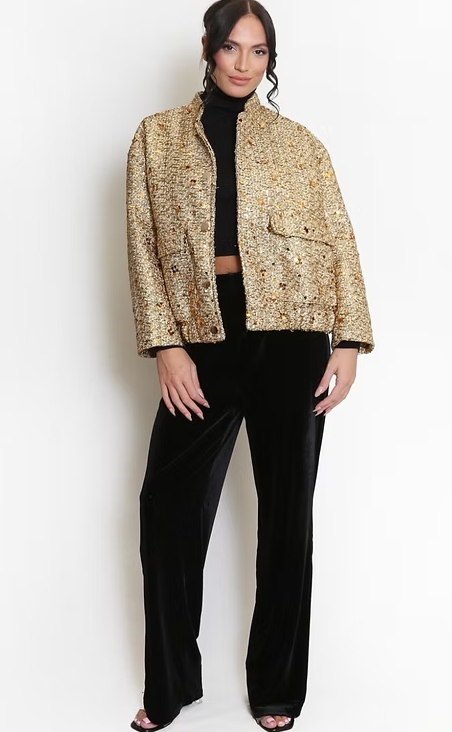 Woven Sequin Bomber Jacket - Gold