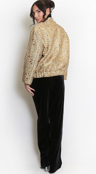 Woven Sequin Bomber Jacket - Gold