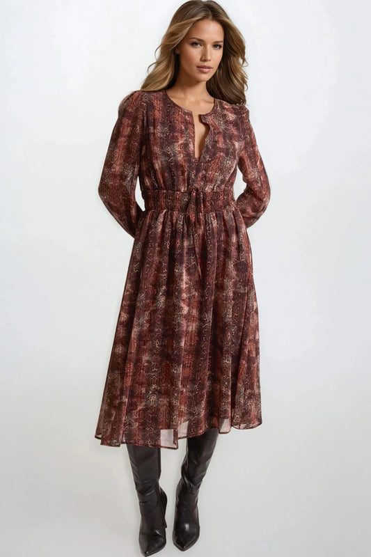 Brown Snake Print Midi Dress