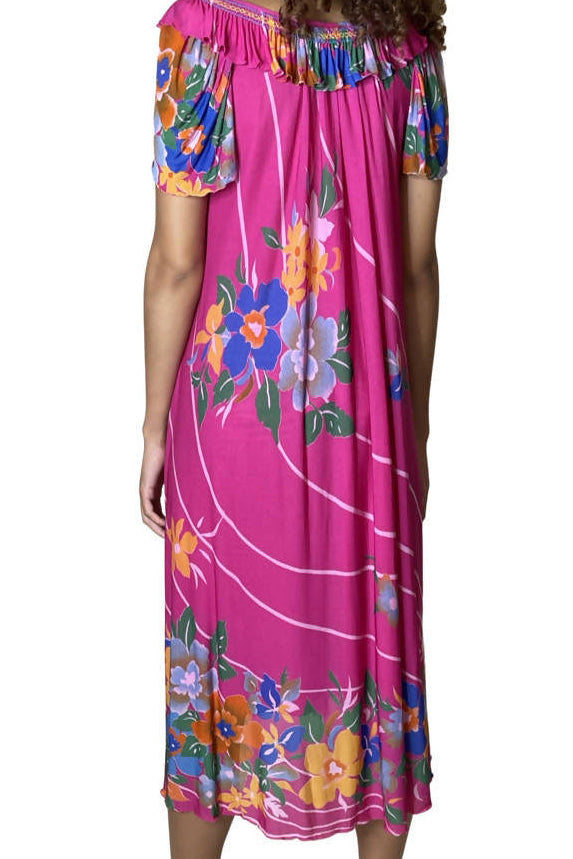 Original 1970's Vintage Bright Pink Floral Dress UK 8 - 12