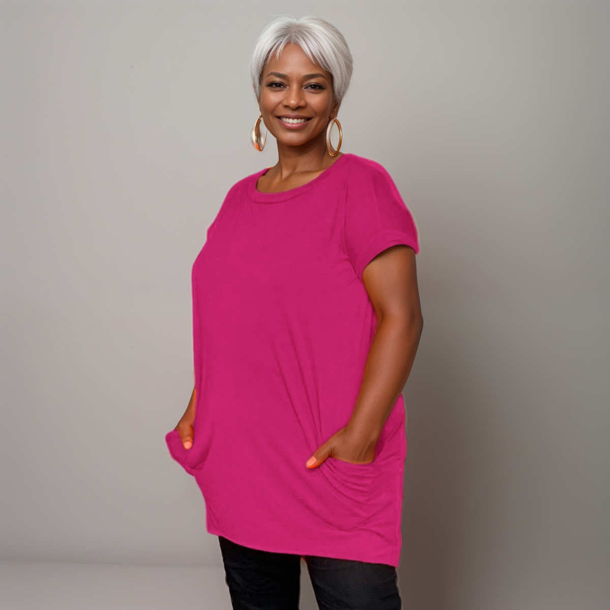 Long Dipped-Hem T-Shirt with Side Pockets - Various Colour Options