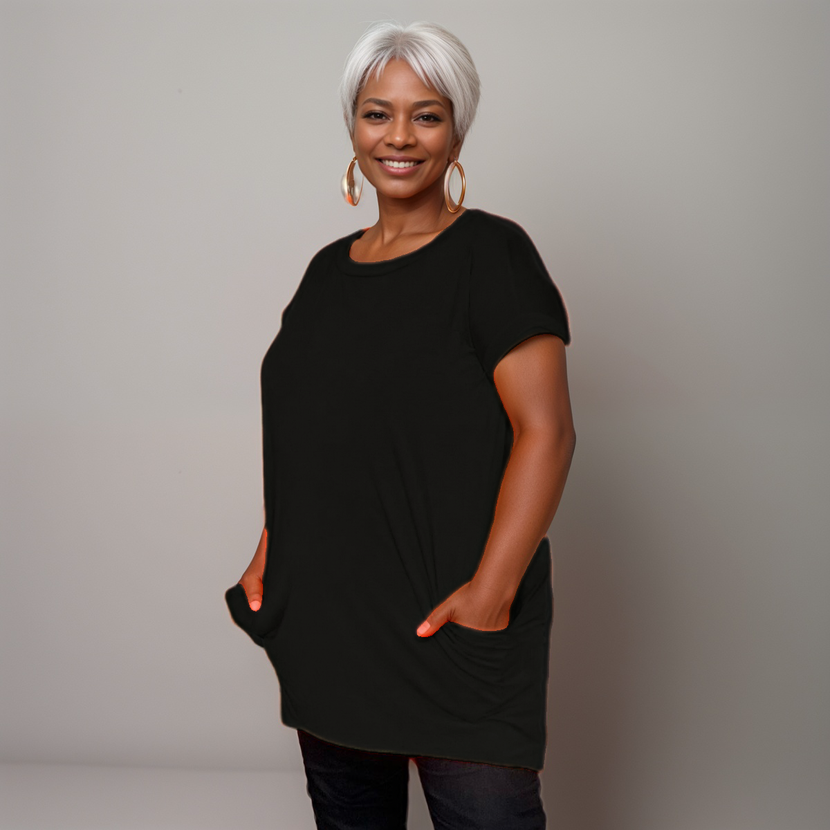 Long Dipped-Hem T-Shirt with Side Pockets - Various Colour Options