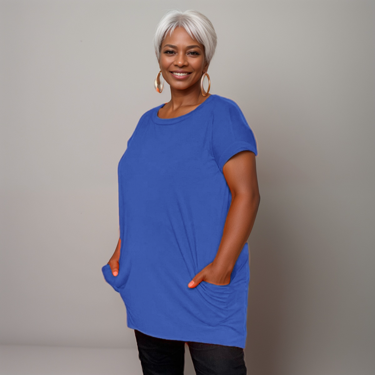 Long Dipped-Hem T-Shirt with Side Pockets - Various Colour Options